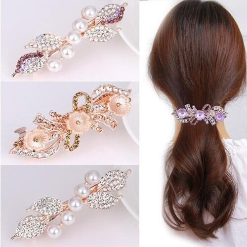 New Pearl Rhinestone Bow Hairpin Elegant Ladies Headdress Flower Spring Horizontal Clip Ponytail Hair Ornament Luxury Jewelry