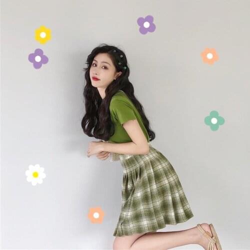 Womens Summer Academy Style Short Sleeve T-shirt High Waist Pleated Skirt Slim A-line Short Skirt Lattice Skirt Two Piece Set