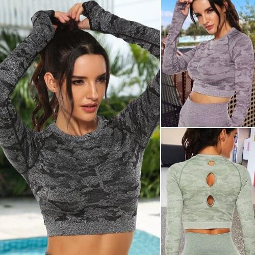 Women Seamless Yoga Shirts Sport Camouflage Gymwear Workout Long Sleeve Gym Crop Top High Waist Leggings Fitness Sports Wear