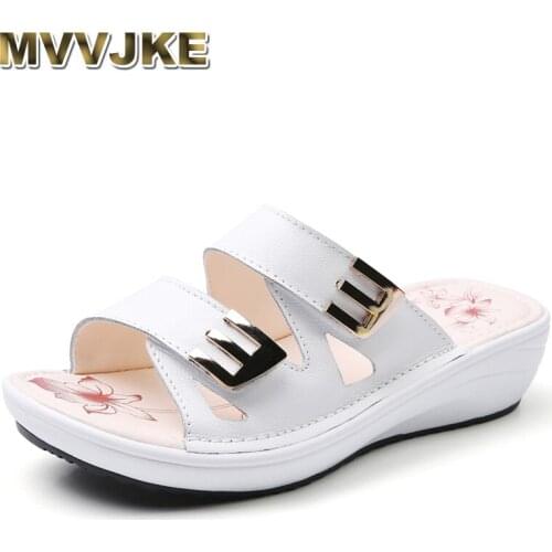 MVVJKE Split Leather Summer Shoes Women Sandals Wedges Women Beach Sandals Shoes Luxury With Buckle Ladies Slipper Heel High 4.5
