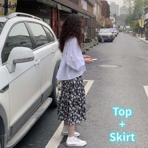 Women Dress Sets Long Lantern Sleeve Single-breasted V-neck Tops Elegant OL Floral Chiffon Skirts Mid-calf Leisure Fashion Chic