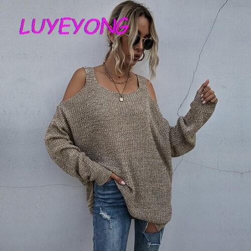 Solid Khaki Off Shoulder Women Sweater 2020 Fashion Lady Pullover Loose Batwing-sleeve Kintted Sweaters Square-collar Knit Top