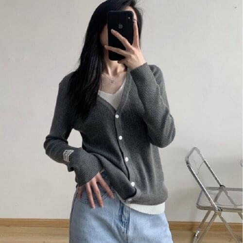 Womens Sweater Patchwork Knit Tops Adults Button-down Color Block Long Sleeve V-neck Sweater with Letter Label Streetwear Y2k