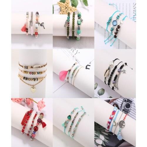9pcs/set High Quality Handcraft Boutique Fashion Multilayer Crystal Stone Beads Strand Bracelets Bangles Mini Boho Mujer