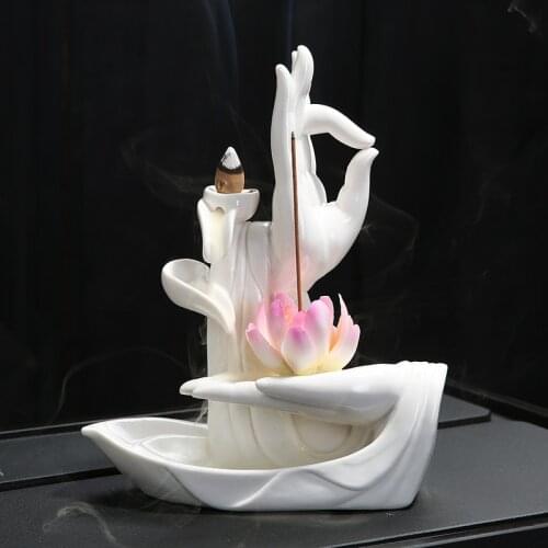 Buddha hand Lotus Incense Burner Ceramic Backflow Incense Stick Cones Holder Inserted Stick Censer Home Fragrance Aroma Burner