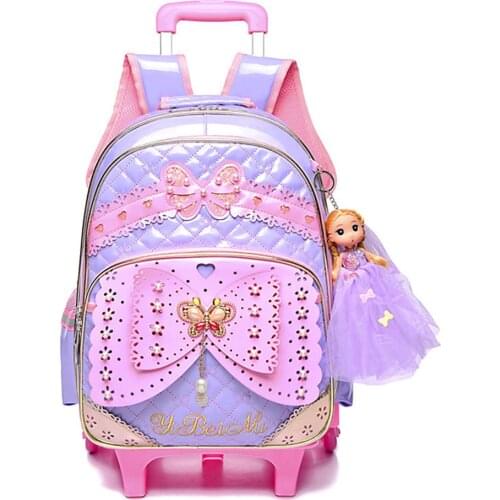 Kids Girls Trolley Schoolbag Luggage Wheeled Book Bags Backpack Latest Removable Children School Bags With 2 Wheels Stairs