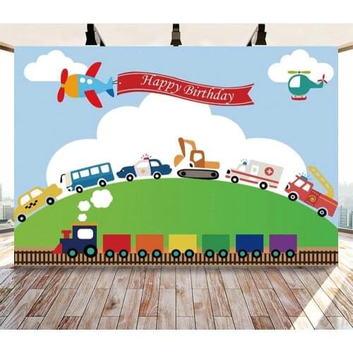 Background for photo cartoon colorful car train plane baby first birthday backdrops photocall photography photophone