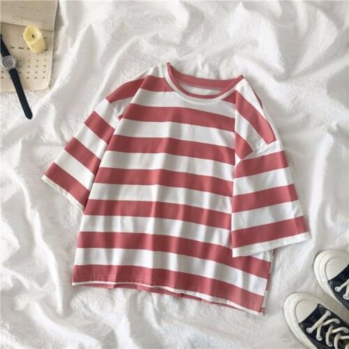 25# Adult Stripe Woman T-shirt Tops Round Neck Short Sleeve Tee Tops Loose Summer T-shirts Tops Streetwear Harajuku T-shirts