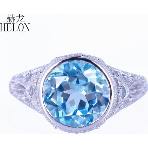 HELON Solid 10k White Gold Round 10mm Flawless Blue Topaz Real Natural Diamonds Engagement Art Deco Vintage Fine Jewelry Ring