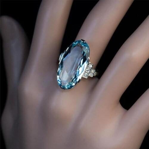 Women Silver Color 925 Exquisite Luxury Princess Sea Blue Topaz Diamond Ring Oval Gemstone Jewelry Gift