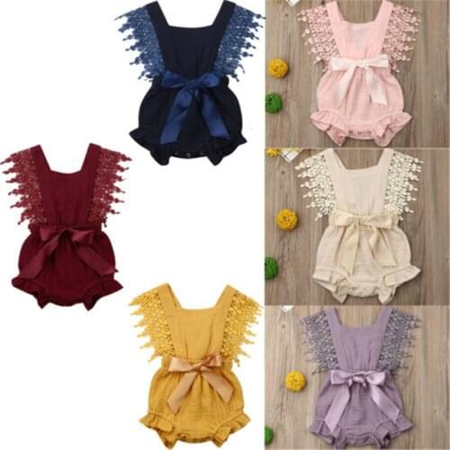 For Newborn Infant Baby Girls Cotton Linen Bow-knot Romper Sleeveless Outfits Summer