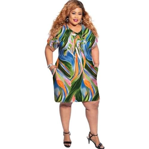 2020 Summer African Women V-neck Printing Polyester Short Sleeve Dress Plus Size Clothing for Women American Clothing L-5XL