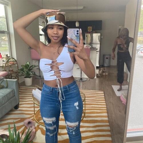 Summer Sexy Baddie Style Streetwear Women Cropped Top Hollow Out Club Outfits One Shoulder Lace Up Tank Tops Sleeveless