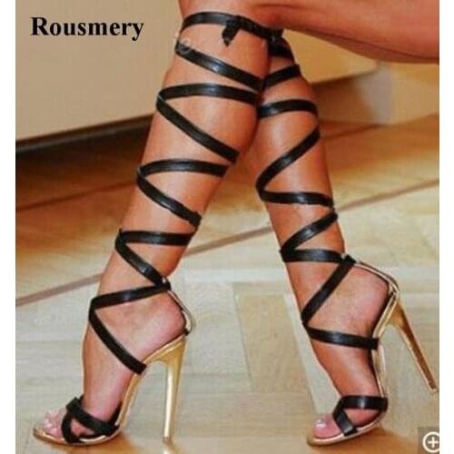 Hotsale Women Fashion Open Toe Lace-up Knee High Gladiator Boots Cut-out Strap Cross Stiletto High Heel Boots Dress Shoes