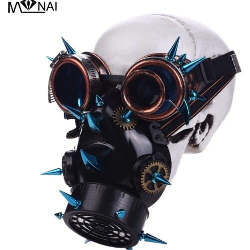 Punk Men Women Blue Long Rivets Goggles Mask Cosplay Gothic Rock Spikes Glasses With Respirator Masks Costumes Accessories