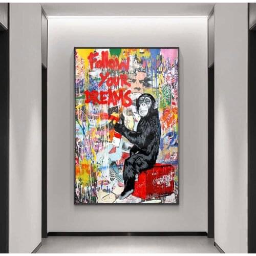 Follow Your Dreams Graffiti Art Canvas Paintings Monkey Street Wall Art Posters And Prints Animals Pictures Kids Room Decoration