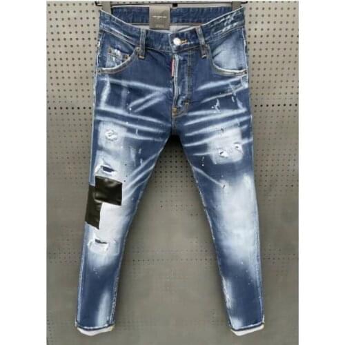 New Mens Skinny Jeans With Ripped Holes And elastic Paint Spray Stitching Beggar Pants 062