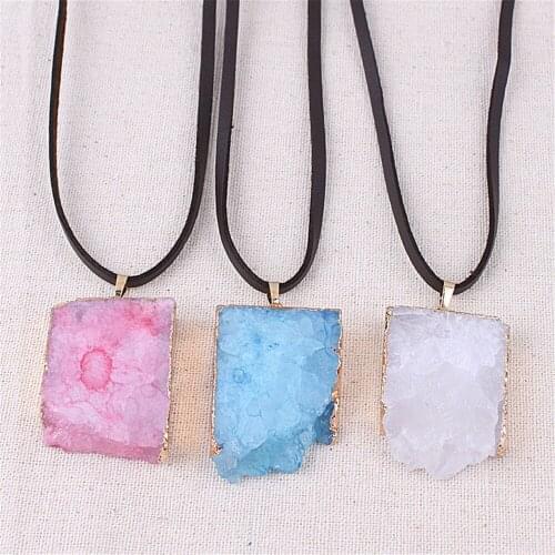 Natural Stone Agates Crystal Necklace Geometric Square Pendant Electroplated Gold Opal Pendant Necklace For Women Chain Choker
