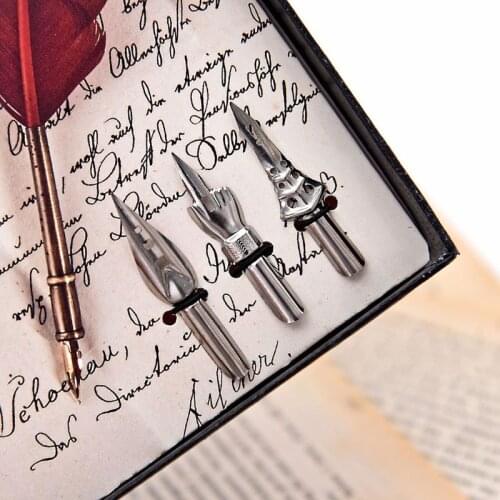 Vintage Handmade Peacock Feather Quill Dip Fountain Pen + Writing Ink 3 Nibs Kit Set with Gift Box 090F