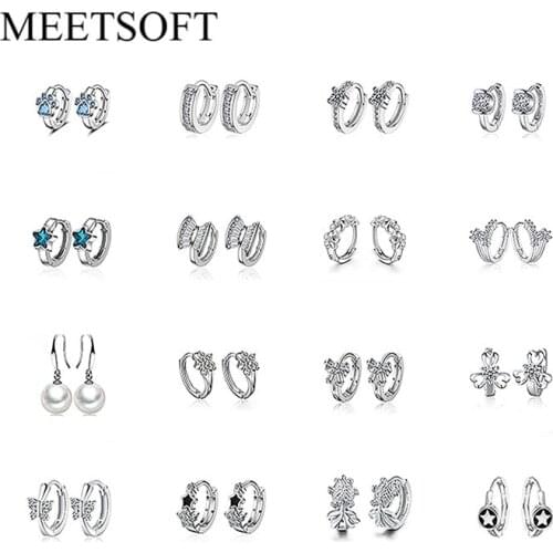 MEETSOFT Silver plated Earrings Group Simple Trendy Crystal Circle White Hoop Earrings for Women Jewelry Gift