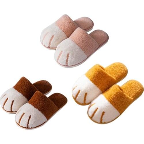Women winter slippers cute cartoon plush shoes fleeces paw indoor warm free style flip flops Basic furry mules
