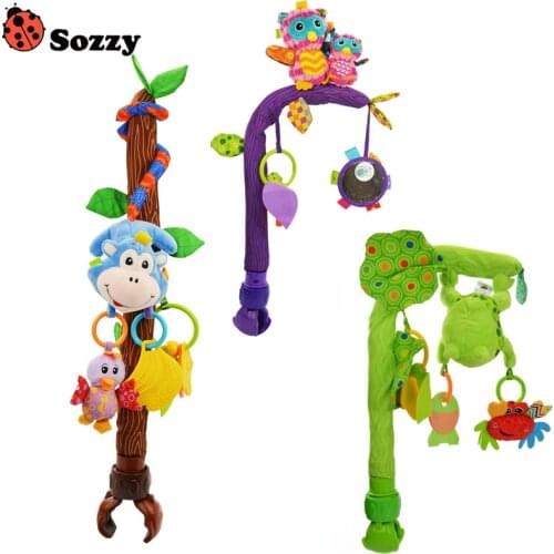 Sozzy Flexible Stent Baby Crib Bed Clip Rattle Unilateral Lathe Hanging Bell Monkey Owl Frog Infant Plush Toys free shipping