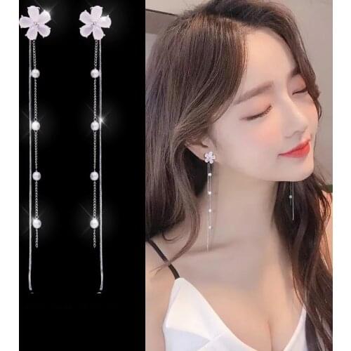 Temperament flower earrings pearl earrings Korean style tassel pendant long personality cold and versatile earrings female