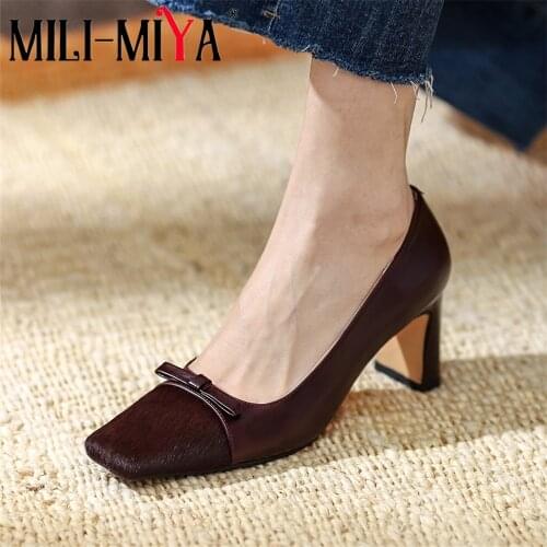 MILI-MIYA Fashion Horse Hair Women Cow Leather Thick Heels Pumps Square Toe Butterfly Knot Solid Color Dress Party Shoes