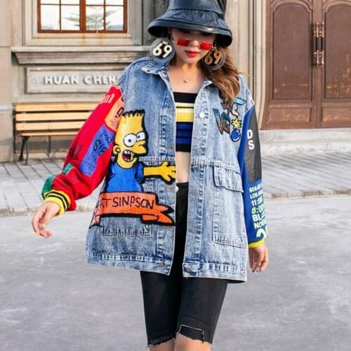 2020 Spring cartoon sequins designs denim jackets fashion women long jackets turn down collar Stylish Y305