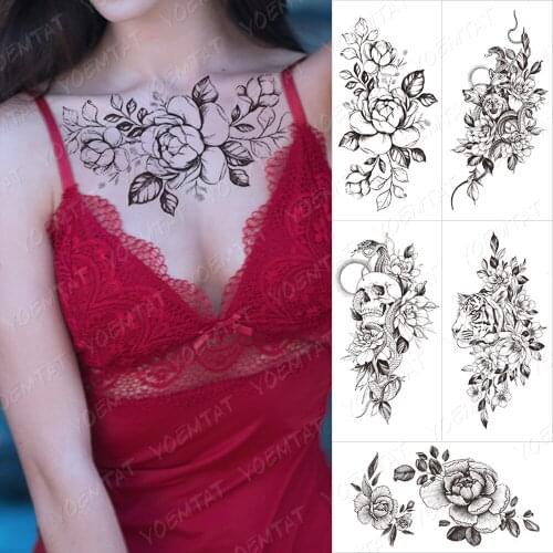 Waterproof Temporary Tattoo Sticker Minimalist Line Flowers Tatto Peony Plum Rose Lotus Body Art Arm Fake Sleeve Tatoo Women