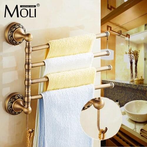 Solid Brass Bathroom Revolve Towel Bar Antique Brass Bath Towel Holder Rack Wall Mounted,Multifunctional Towel Rack Tooth Cup