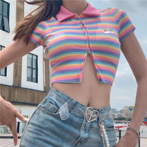 Y2k Rainbow Pink Strips Cute Summer Butterfly Print Slim Crop Top Pink Contrast Striped Short Sleeve Women T-Shirt Streetwear