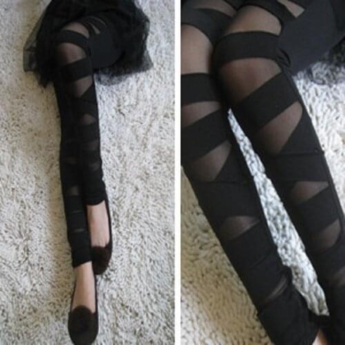 Womens plus size gothic legging laces black ladies ripped leggings for women pants mesh bandage leggins lace punk rock fashion