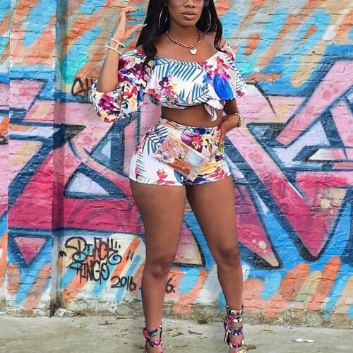 UVRCOS Womens Tracksuit New Fashion Printed Slash Neck Crop Tops And Short Pants Summer 2021 New Two Piece Set Streetwear Suits