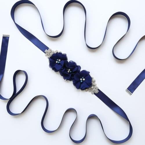 Women Skinny Waistband Dress Three Floral Belt Rhinestone Pearl Chiffon Ribbon Wild Pearl Flower Party Dress Belt