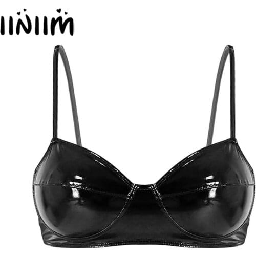 Womens Lingerie Fashion Wetlook Sexy Night Party Clubwear Faux Leather Reflective Wire-free No Pad Bra Top for Raves Performance