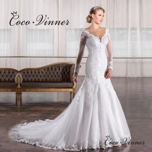 C.V Long Sleeves See Throught Back Elegant Mermaid wedding dresses vestido de noiva Lace Embroidery Bride wedding-dress W0217