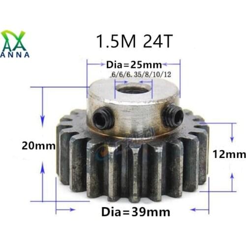 1.5M 24T 1.5 mod gear rack 24teeth Tooth quenching Spur Gear pinion bore 6-15mm spur gear precision 45 steel cnc pinion