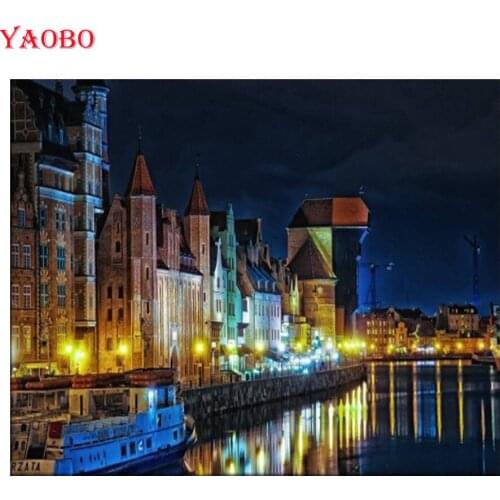 5d Diamond Painting Full Square Poland Houses Rivers Gdansk Night Street Lights Diamond Mosaic Diamond Embroidery Rhinestones
