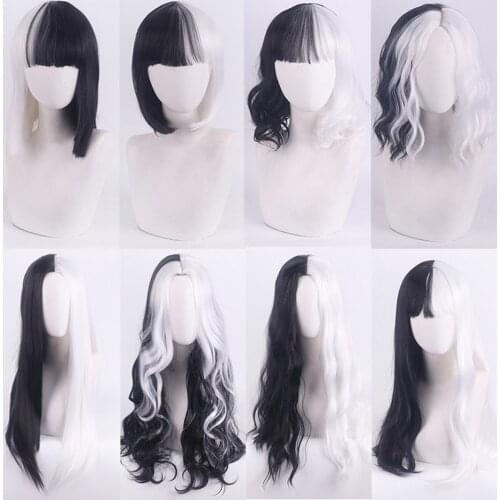 Anime Movie 101 Cruella de Vil Mix Black White Cosplay Wig Synthetic Hair Halloween Party Wigs For Women Adult