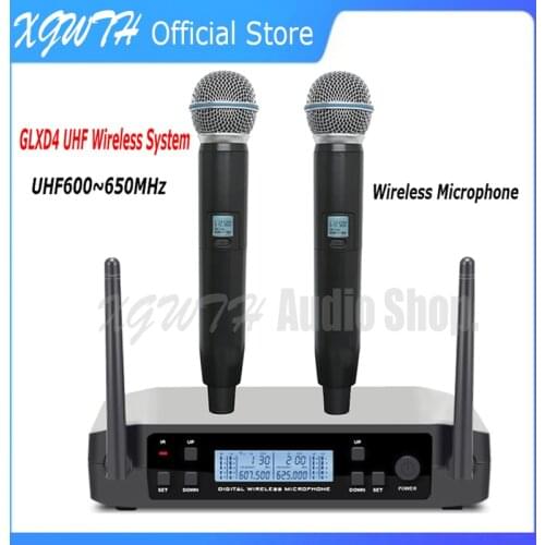 XGWTH UHF Wireless Microphone System GLXD4 with Bodypack Cordless Lapel Headset Handheld Mic Frequency Adjustable for Karaoke DJ