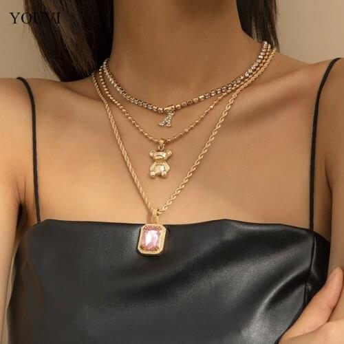YOUVI 3Pcs/Set Chains with Crystal Zircon Pedants Necklace for Women Punk Goth Bear Choker Necklace Jewelry Collar Charm