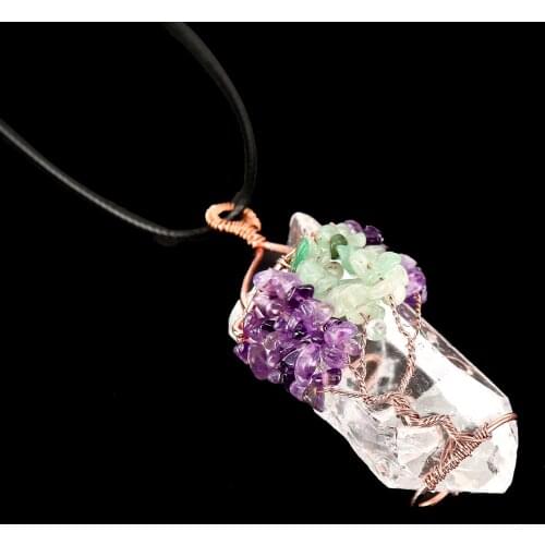 Chakra Gem stone Tree of Life Wire Wrapped Natural Clear Quartz Healing Crystal Point Pendant Necklace Mothers Day Gift