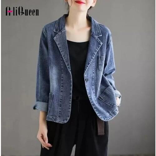 Korean Female Loose Noched Blazer Denim Jacket Chaquetas Mujer Blue Outerwear Woman Coats Blue Jean Jackets Plus Size 4XL