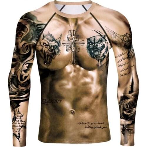 3D Mans Muscle Long Shirt Tops Naked Tattoo Printed Chest Muscle Funny Fitness Long Tee Spring Summer O-Neck Tight T-Shirt
