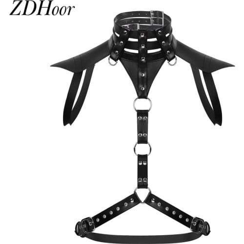 US STOCK Mens Faux Leather Harness Belt Halter Neck Buckles Body Chest with Metal O-rings Night Clubwear Costume Bondage Straps