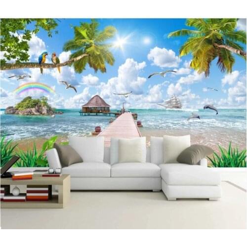 WDBH custom mural 3d photo wallpaper Seaside wooden bridge landscape painting, coconut tree living room wallpaper for walls 3 d