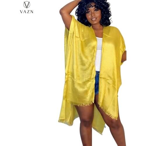 VAZN 2021 Women Fashion New Street Hip Hop Style Long Outwear Short Sleeve No Buttons No Collar Pure Color Mid Long Outwear