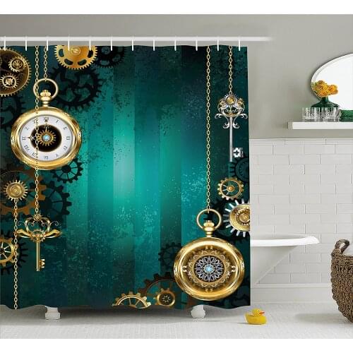 Industrial Shower Curtain Antique Items Watches Keys and Chains with Steampunk Influences Illustration Fabric Bathroom Decor