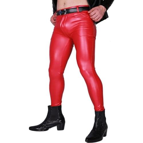 Synthetic Latex Mens Sexy Mid Waist Skinny Trousers England Style Slim Leather Pants
